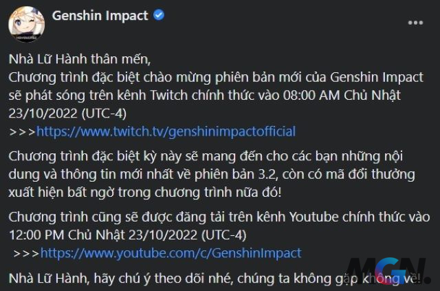 Thông báo chính thức về livestream 3.2 trên Facebook Genshin Impact