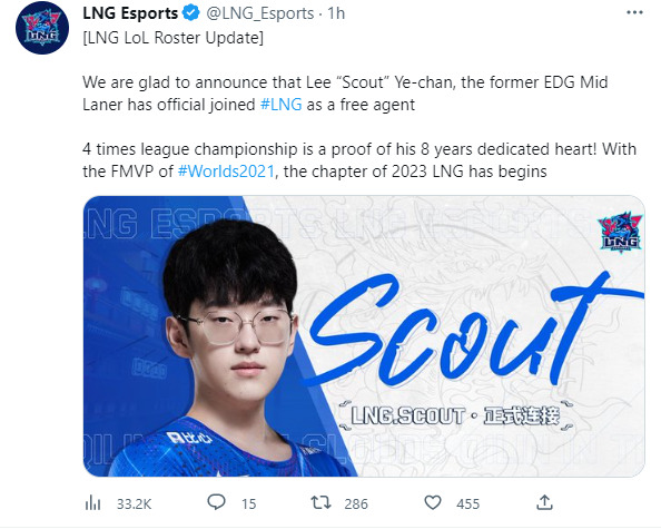 Bài thông báo trên đã khẳng định rằng drama hợp đồng giữa EDG và Scout đã kết thúc, Scout giờ đây đã chính thức tiếp tục được sự nghiệp của mình cùng với một bến đỗ mới.