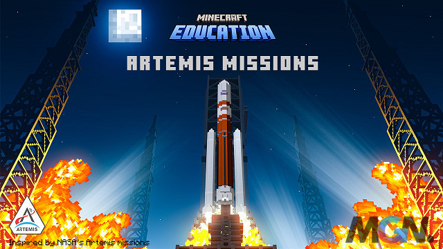 Tên lửa Artemis trên bệ phóng trong Minecraft Education