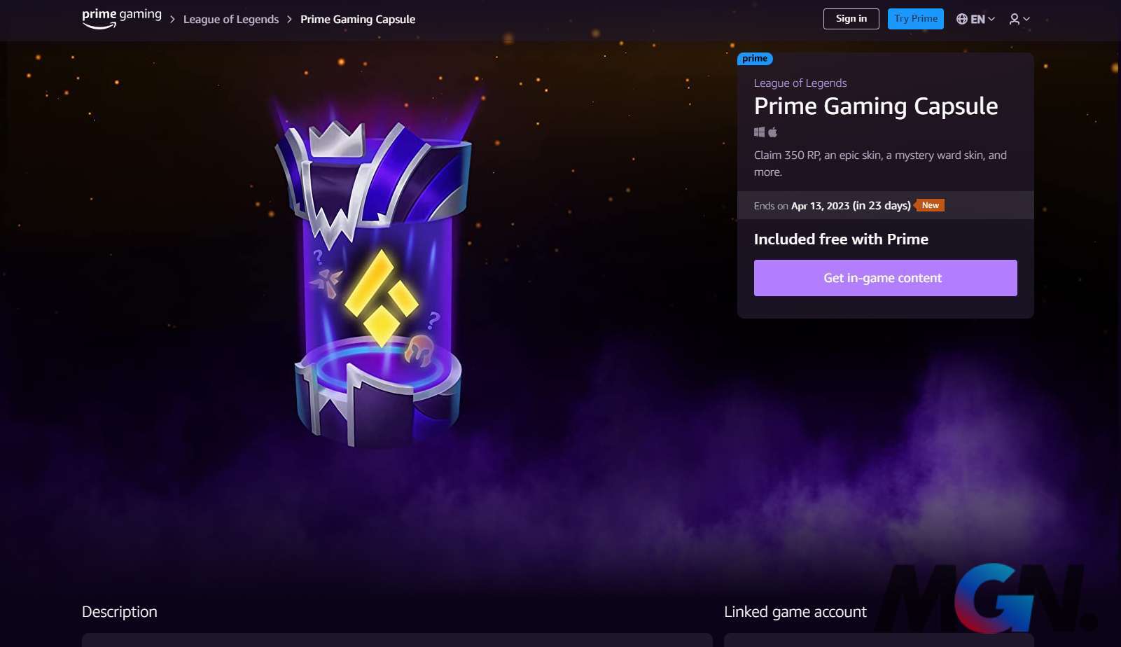 Giao diện nhận quà Prime Gaming