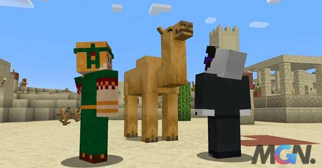 Cưỡi lạc đà với bạn bè là một cách tuyệt vời để khám phá phong cảnh sa mạc rộng lớn và khô cằn của Minecraft