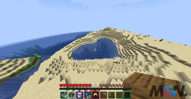 A small heart-shaped lake in the desert biome