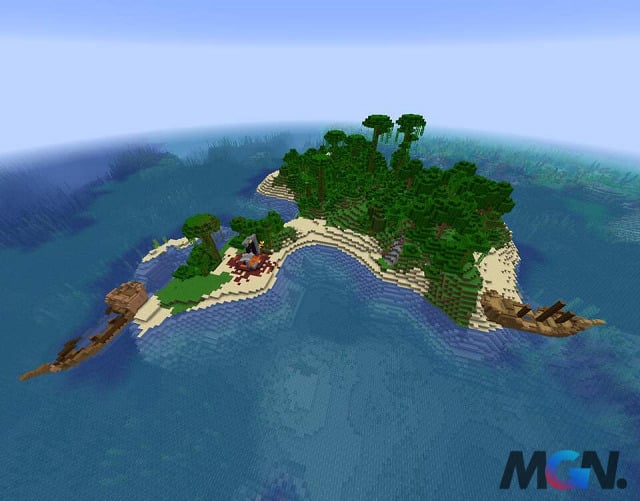 An island with two shipwrecks