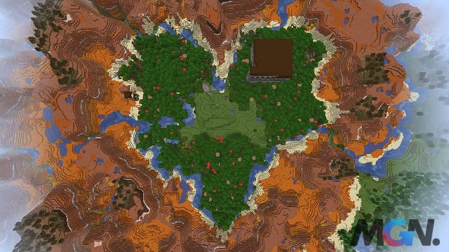 A large forest biome in a mesa biome, shaped like a heart, along with a wooden mansion