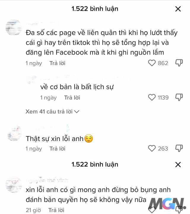 Many gamers Lien Quan Mobile Vietnam went to the Tiktok page of 'Garena personnel' above to express their apologies to him.