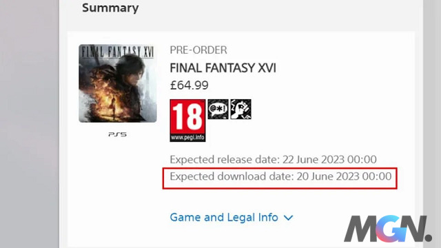 Ngày tải trước dự kiến ​​cho Final Fantasy 16 là Thứ Ba, ngày 20 tháng 6 năm 2022. Hai ngày trước khi trò chơi ra mắt chính thức vào Thứ Năm, ngày 22 tháng Sáu