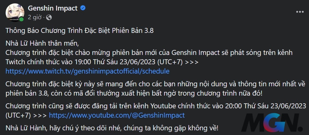 Official announcement of the Genshin Impact 3.8 livestream on the game's Facebook page