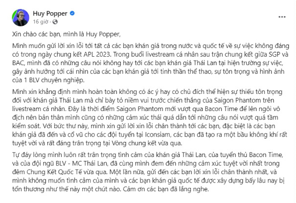 Huy Popper viết tâm thư xin lỗi
