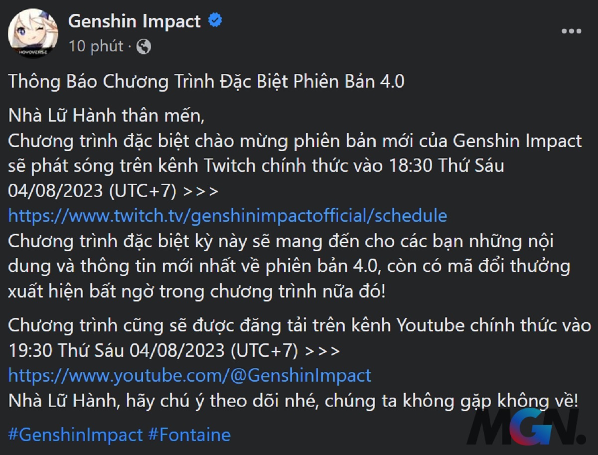 Thông báo Livestream Genshin Impact 4.0