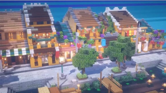 Phố cổ Hội An bên dòng sông Thu Bồn  được vẽ trong game Minecraft 
