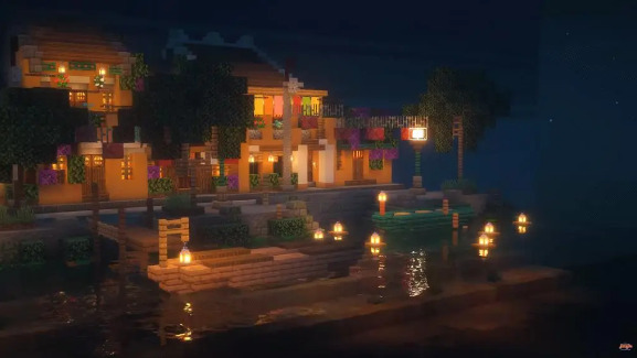 Phố cổ Hội An ban đêm được vẽ trong game Minecraft