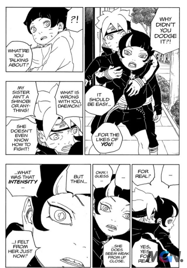 The short dialogue of just one page is enough to implicitly imply the danger of Boruto's sister