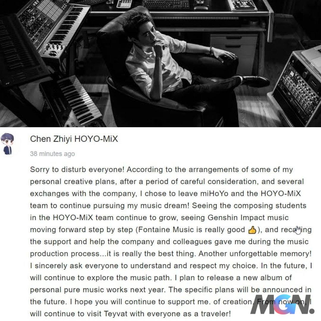 Announcement of Yupeng-Chen's departure from HoYo-Mix
