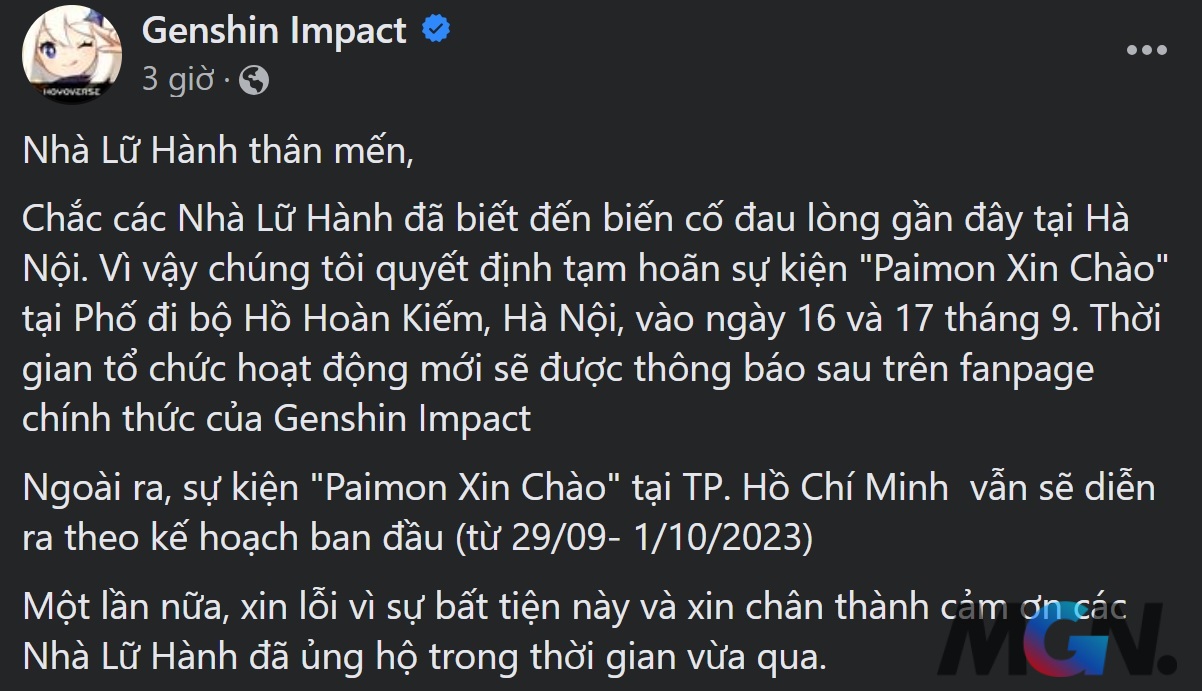 Genshin Impact thông báo tạm hoãn sự kiện tại Hà Nội