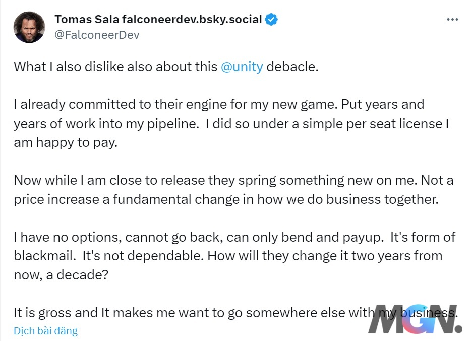 Một nhà phát triển của tựa game Falconeer lên tiếng ''bất bình'' trước chính sách thu phí mới của Unity