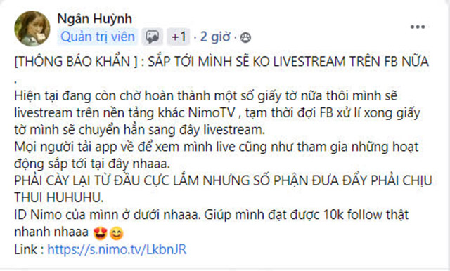 Ngân Sát Thủ tuyên bố dừng livestream FB, gửi lời nhắn đến ViruSs