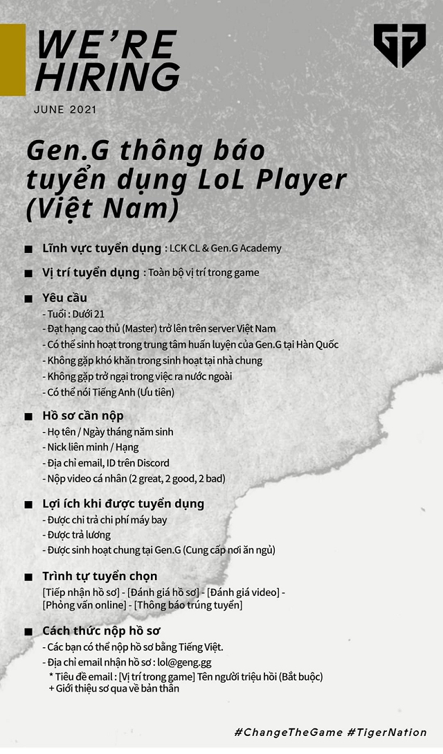 LMHT: Tổ chức Gen.G thông báo tuyển dụng game thủ Việt Nam