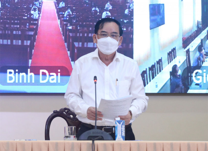 Chủ tịch UBND tỉnh Trần Ngọc Tam phát biểu kết luận cuộc họp. (Ảnh: Phương Thảo, Cổng TTĐT Bến Tre)