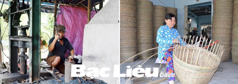 Người dân làm nghề rèn ở thị trấn Ngan Dừa (huyện Hồng Dân - ảnh trên) và nghề đan đát ở ấp Mỹ I (xã Vĩnh Phú Đông, huyện Phước Long). Ảnh: C.L