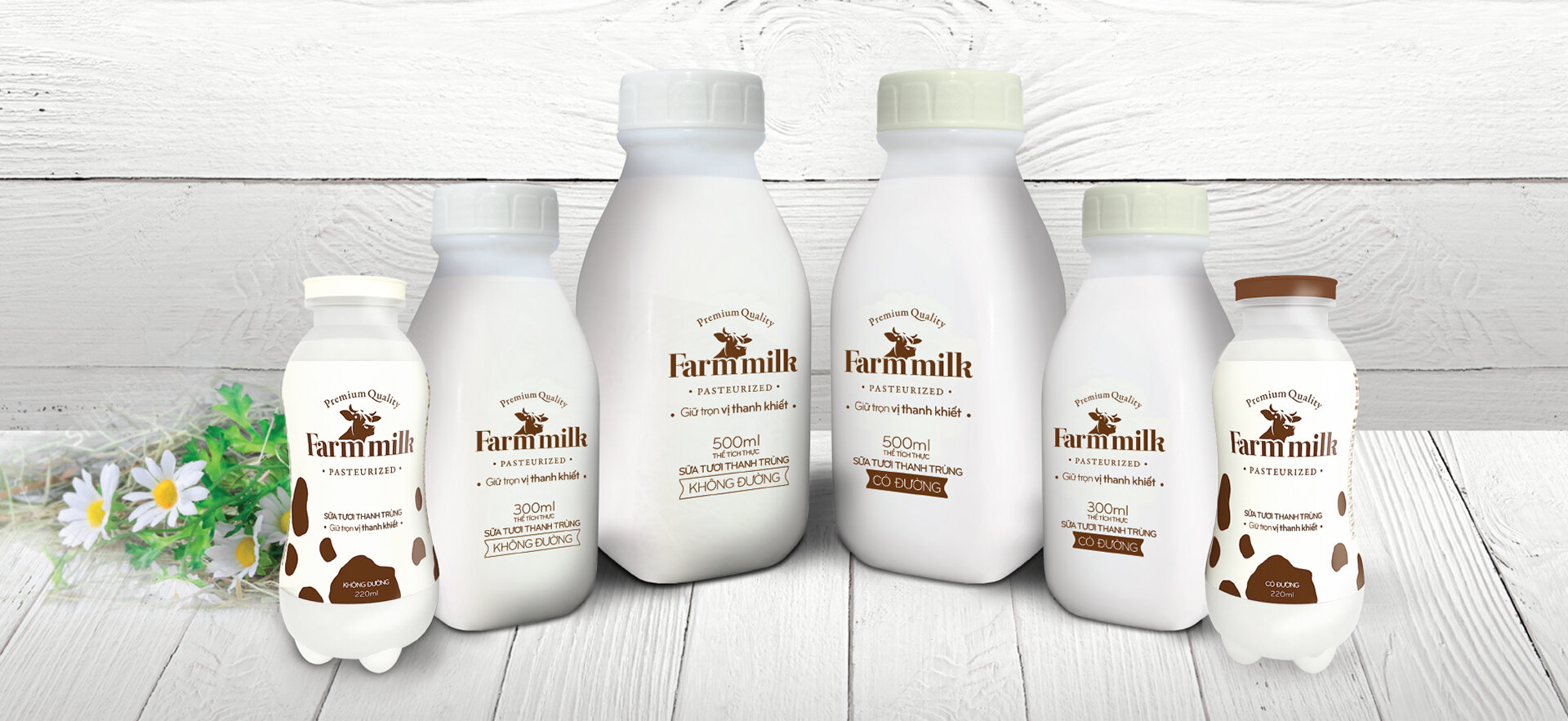 Sản phẩm sữa bò tươi thanh trùng đóng chai với thương hiệu Farm Milk.