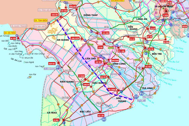 Tuyến cao tốc Châu Đốc - Cần Thơ - Sóc Trăng (màu xanh đậm) trong tổng thể quy hoạch giao thông miền Tây. Ảnh: Ban Quản lý dự án Mỹ Thuận.