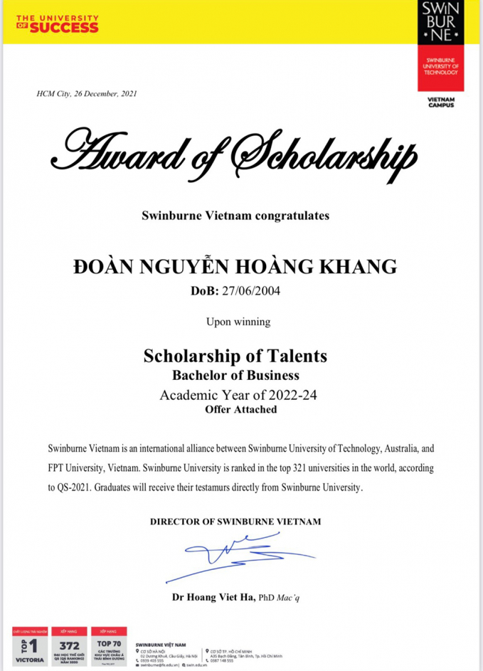 Thông báo đạt học bổng tài năng dành cho cử nhân kinh doanh của Đại học Công Nghệ Swinburne Việt Nam gửi cho Hoàng Khang.