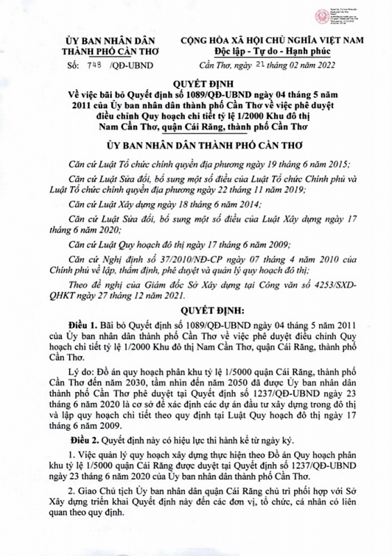 Quyết định UBND thành phố Cần Thơ về việc bãi bỏ Quy hoạch chi tiết tỷ lệ 1/2000 Khu đô thị Nam Cần Thơ.