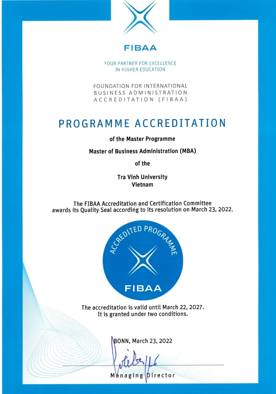 Đại học Trà Vinh đạt thêm 3 chương trình kiểm định quốc tế FIBAA