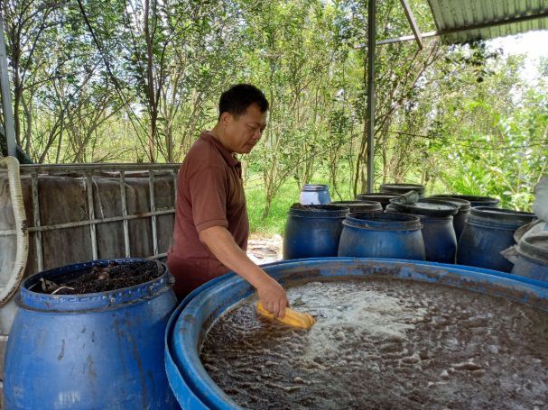 Kho ủ phân hữu cơ phục vụ cho nông trại cam của anh Nguyễn Văn Tình.