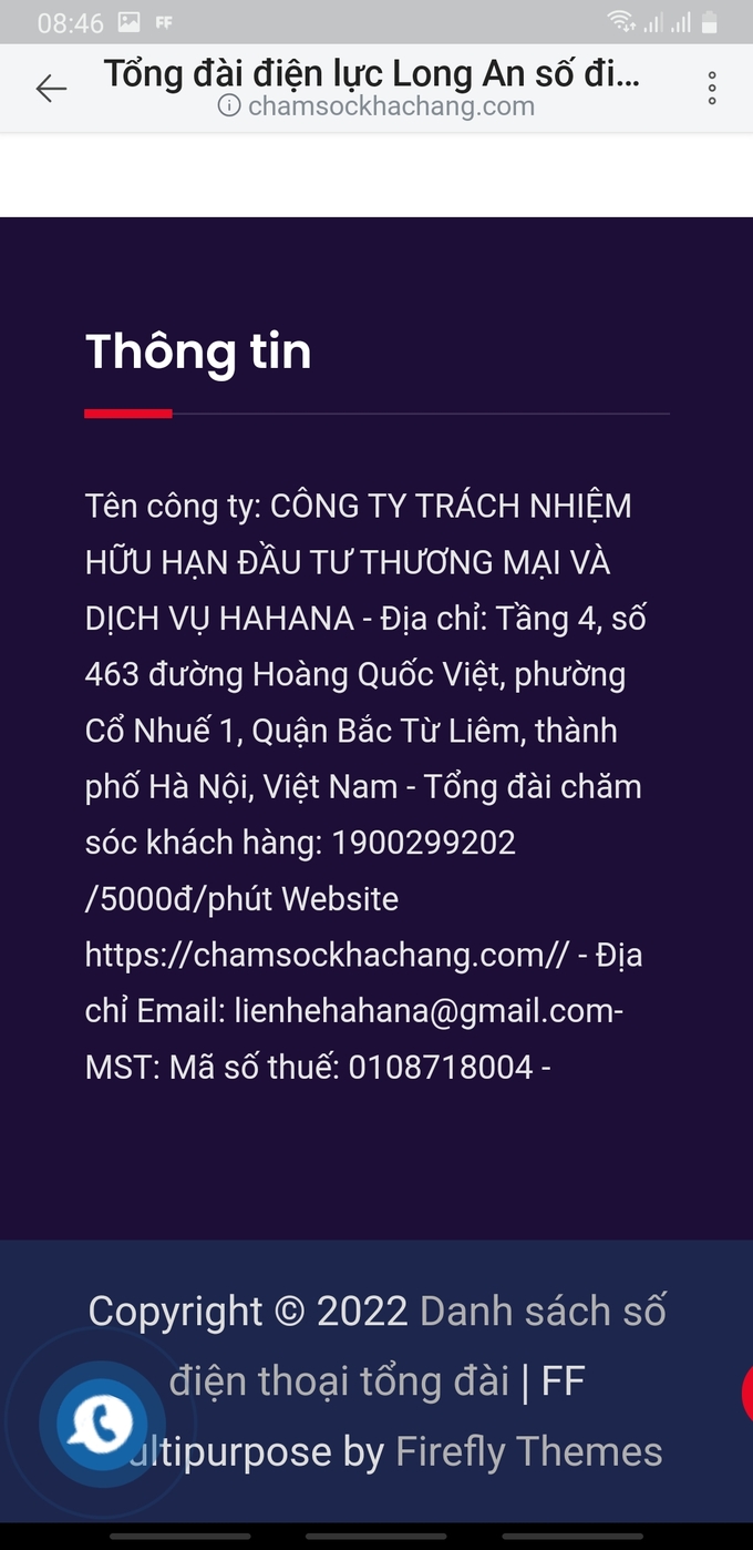 Thông tin liên hệ đến đơn vị vận hành trang Web giả mạo ngành Điện có địa chỉ tại Hà Nội