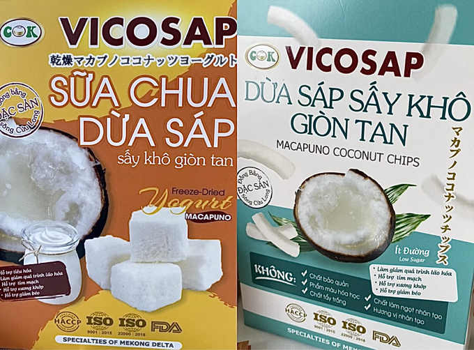 Hai sản phẩm Dừa sáp sấy khô giòn tan và Sữa chua dừa sáp sấy khô giòn tan VICOSAP.