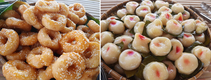Các món bánh dân gian phục vụ tại khu vui chơi Hợp tác xã Nông nghiệp Vĩnh Thuận