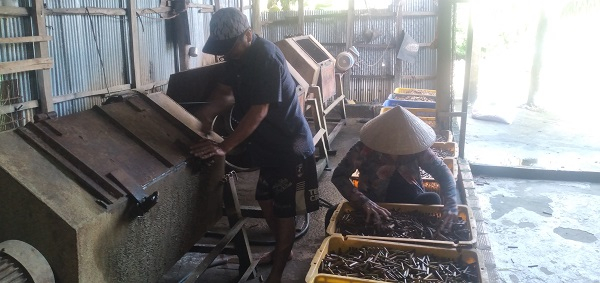 Vợ chồng anh Việt đang kiểm tra máy đánh vỏ trúc.