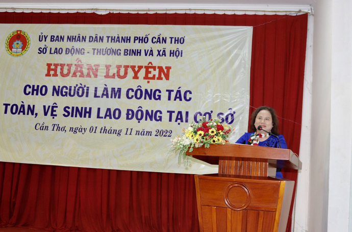 Tiến sĩ Trần Thị Xuân Mai - Giám đốc Sở LĐTBXH phát biểu tại buổi Huấn luyện cho người làm công tác an toàn, vệ sinh lao động tại cơ sở.