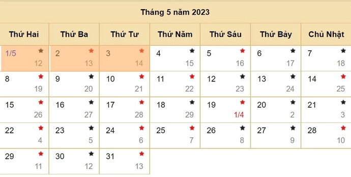 Người lao động được nghỉ lễ liên tục 5 ngày từ 29/4 đến 3/5/2023 (màu cam)