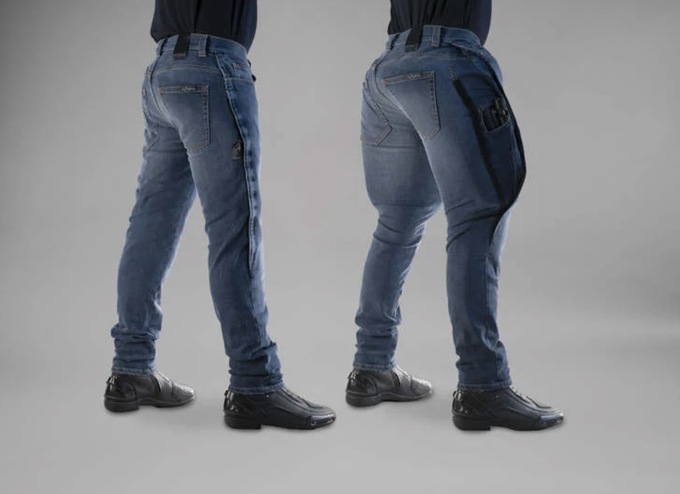 Quần jeans của Mo'cycle có thể tự động phồng lên trong vòng vài giây trong trường hợp người lái xe máy gặp phải tai nạn khi di chuyển. Ảnh: Mo'cycle.