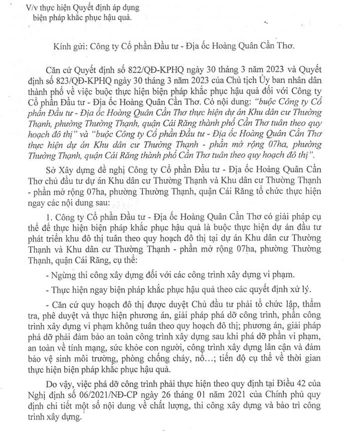 Công văn của Giám đốc Sở Xây dựng Cần Thơ đề nghị Công Ty Hoàng Quân Cần Thơ thực hiện ngay quyến định của Chủ tịch UBND TP Cần Thơ.