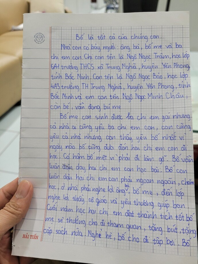 Bài viết về bố của Ngọc Bảo học sinh lớp 4 quê Bắc Ninh trên trang giấy ô ly chất chứa tình yêu thương