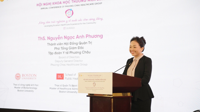 Ths. Nguyễn Ngọc Anh Phương, Phó Tổng Giám đốc thường trực Tập đoàn Y Tế Phương Châu phát biểu tại hội nghị.