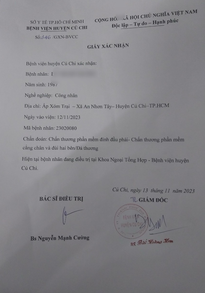 Giấy xác nhận chấn thương của nạn nhân bạo lực gia đình L.T.M.X tại bệnh viện huyện Củ Chi.