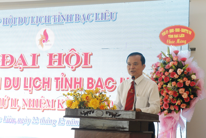 Ông Trịnh Công Vinh - Chủ tịch Hiệp hội Du lịch tỉnh Bạc Liêu, nhiệm kỳ 2023 - 2028, phát biểu tại Đại hội.