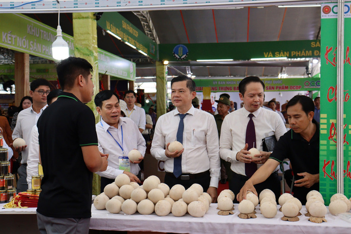 Các đại biểu tham quan, tìm hiểu sản phẩm OCOP tại các gian hàng.