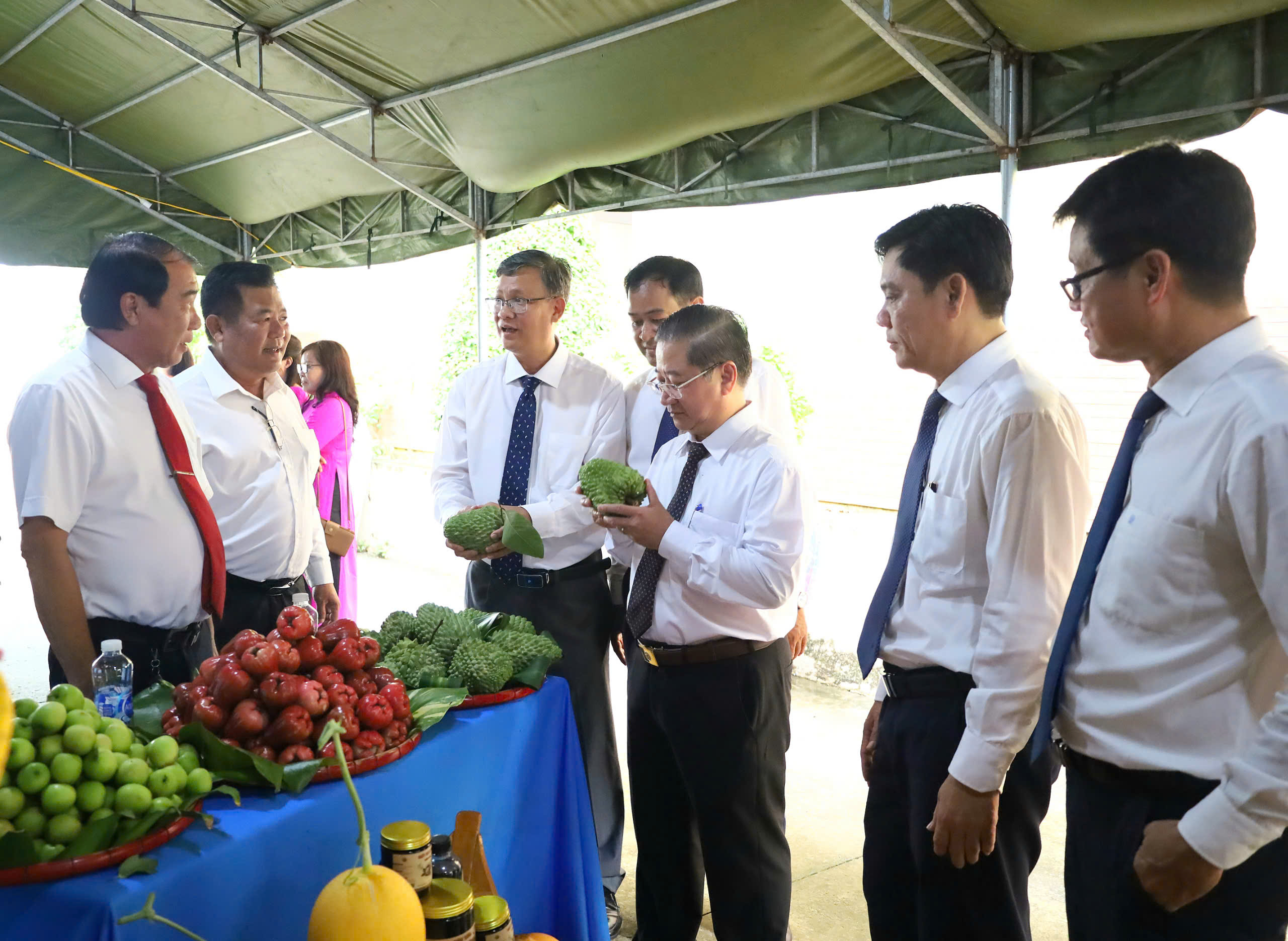 Ông Trần Việt Trường – Phó Bí thư Thành ủy, Chủ tịch UBND TP. Cần Thơ cùng các đại biểu tham quan khu vực trưng bày trái cây, đặc sản địa phương.