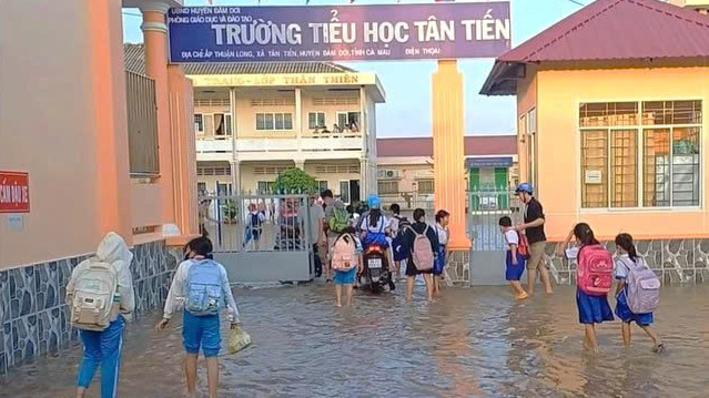 Học sinh Trường tiểu học Tân Tiến di chuyển khó khăn do triều cường dâng cao.