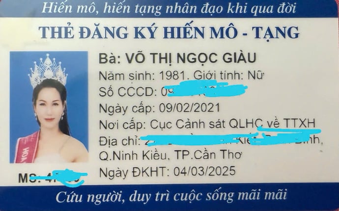 Hoa hậu Ngọc Giàu hoàn tất thủ tục đăng ký hiến tạng tại Bệnh viện Chợ Rẫy, TP.HCM. Cô chia sẻ rằng đây là một trong những quyết định quan trọng và ý nghĩa nhất trong cuộc đời mình.