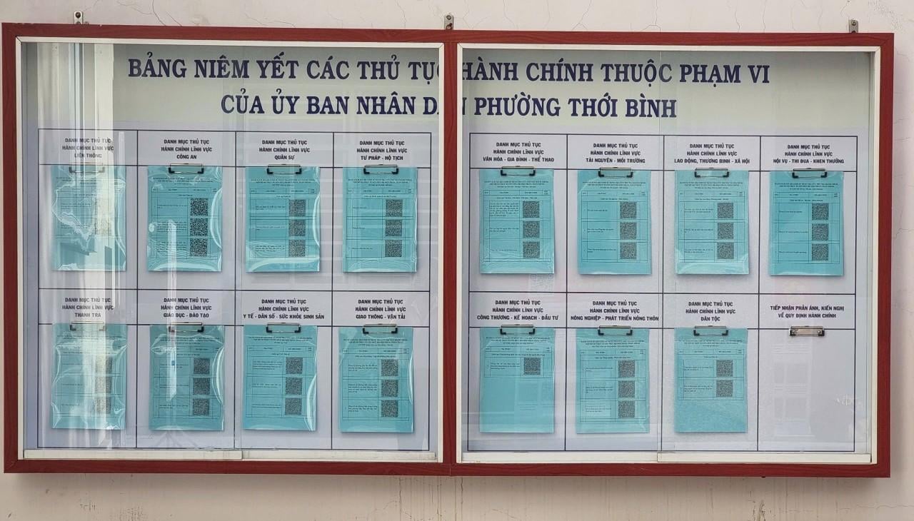 Bảng niêm yết 145 Thủ tục hành chính QR đang được thực hiện tại phường Thới Bình.