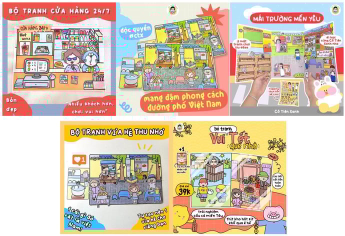 Bộ tranh tương tác là sản phẩm bán chạy nhất của thương hiệu Cô Tiên Xanh bởi nội dung đa dạng, tranh vẽ sống động, giúp khơi gợi trí tượng tượng của bé và là món quà thiết thực giúp gắn kết tình cảm gia đình.