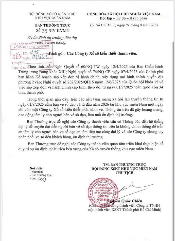 Công văn số 38/CV-KVMN ngày 01/8/2025 về việc ổn định thị trường vé số truyền thống