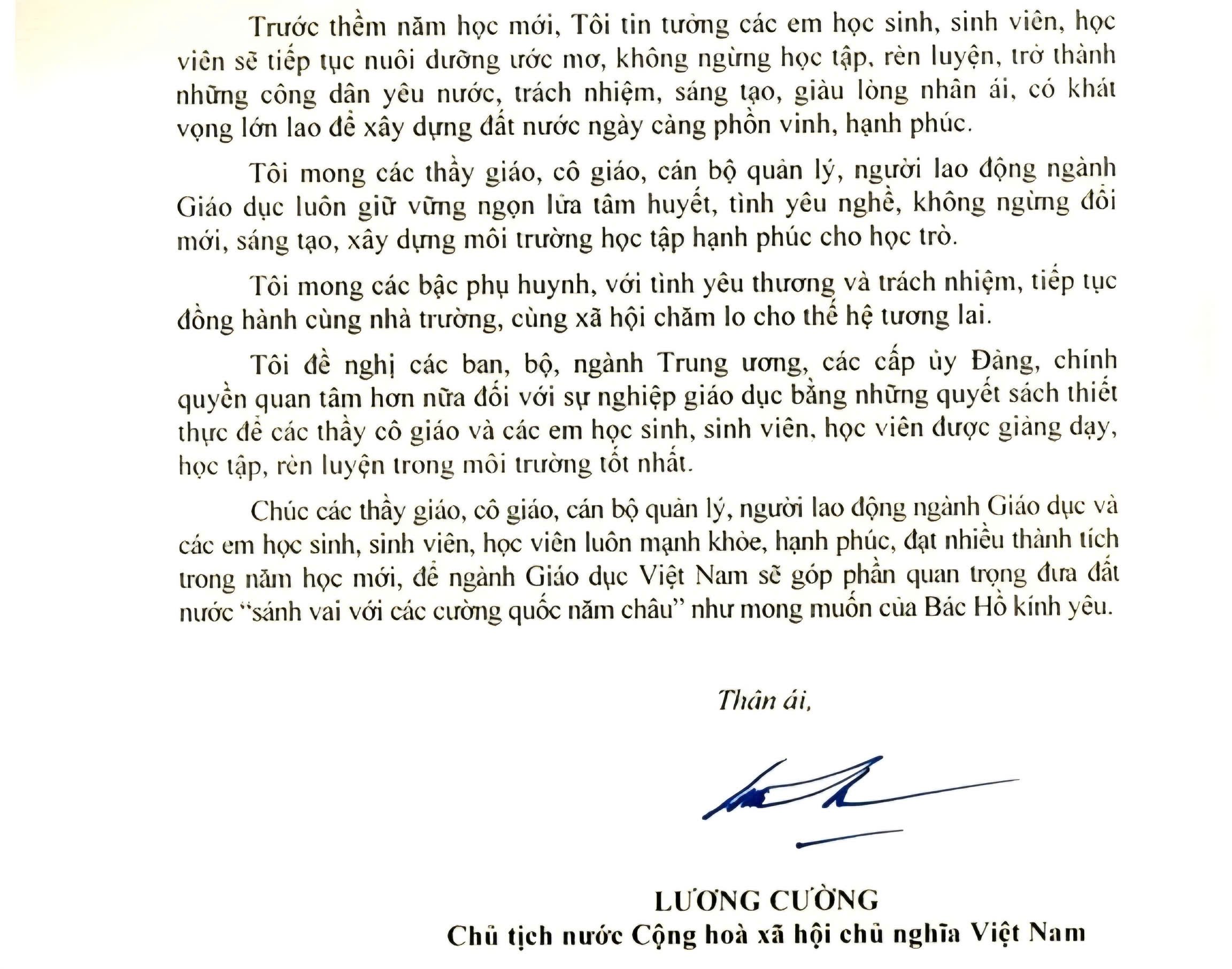 Toàn văn Thư của Chủ tịch nước Lương Cường gửi ngành Giáo dục nhân dịp khai giảng năm học mới 2025-2026