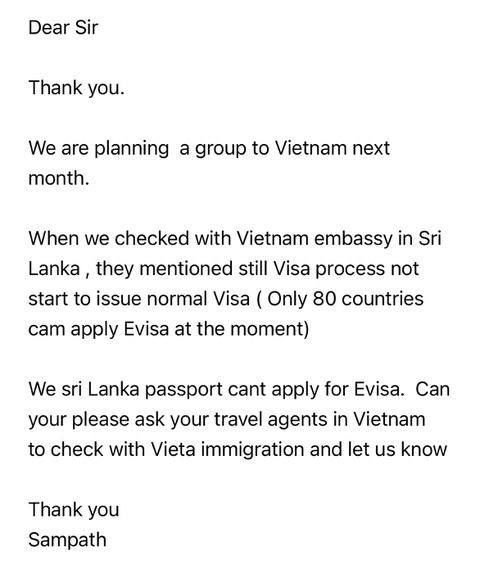 Thư một doanh nghiệp Sri Lanka gửi đến công ty inbound ở Việt Nam. Ảnh: M.T.